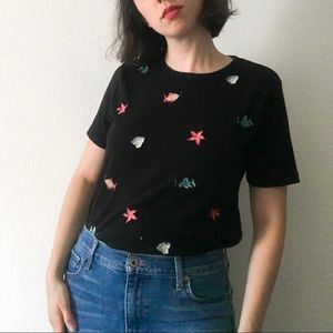 Embroidered Sea Creature Black Tee